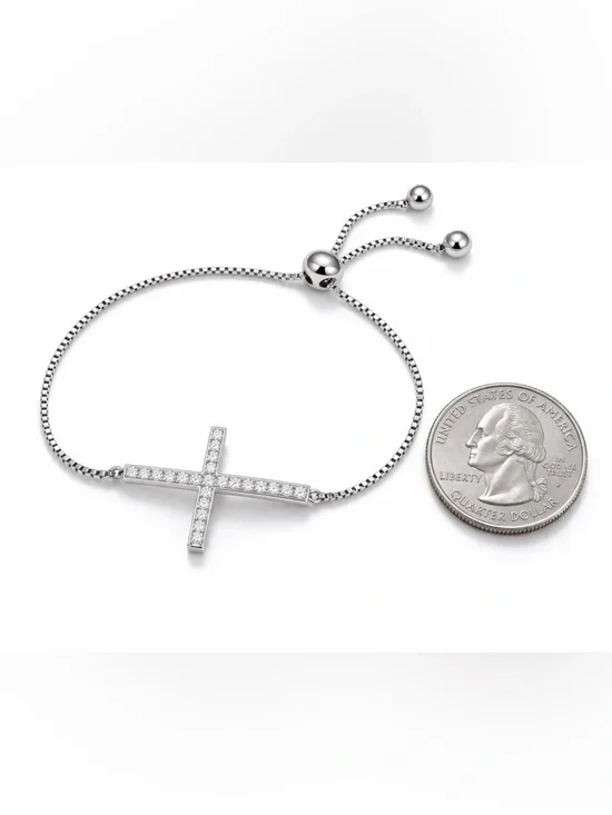 NWOT BS925 Sterling Silver Rhodium CZ Pavé Sideways Cross Adjustable Bolo Bracel - Picture 6 of 8